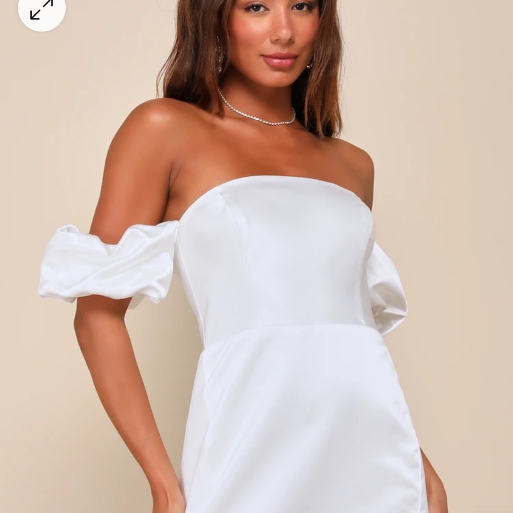 White off the shoulder satin mini dress. Super flattering!